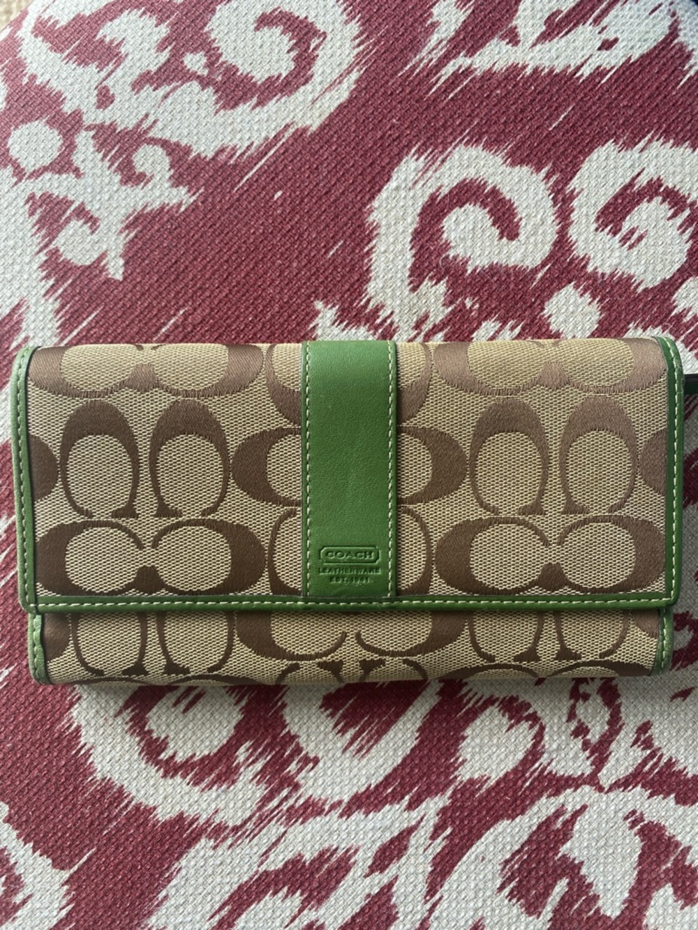 Vintage Y2K Coach Signature Long Wallet with Green Trim